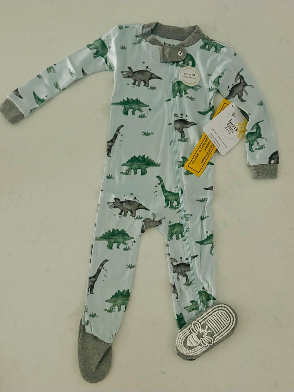 Burt's Bees Baby Light Blue and Green Dinosaur Zip Footed One-Piece Size 12 mo